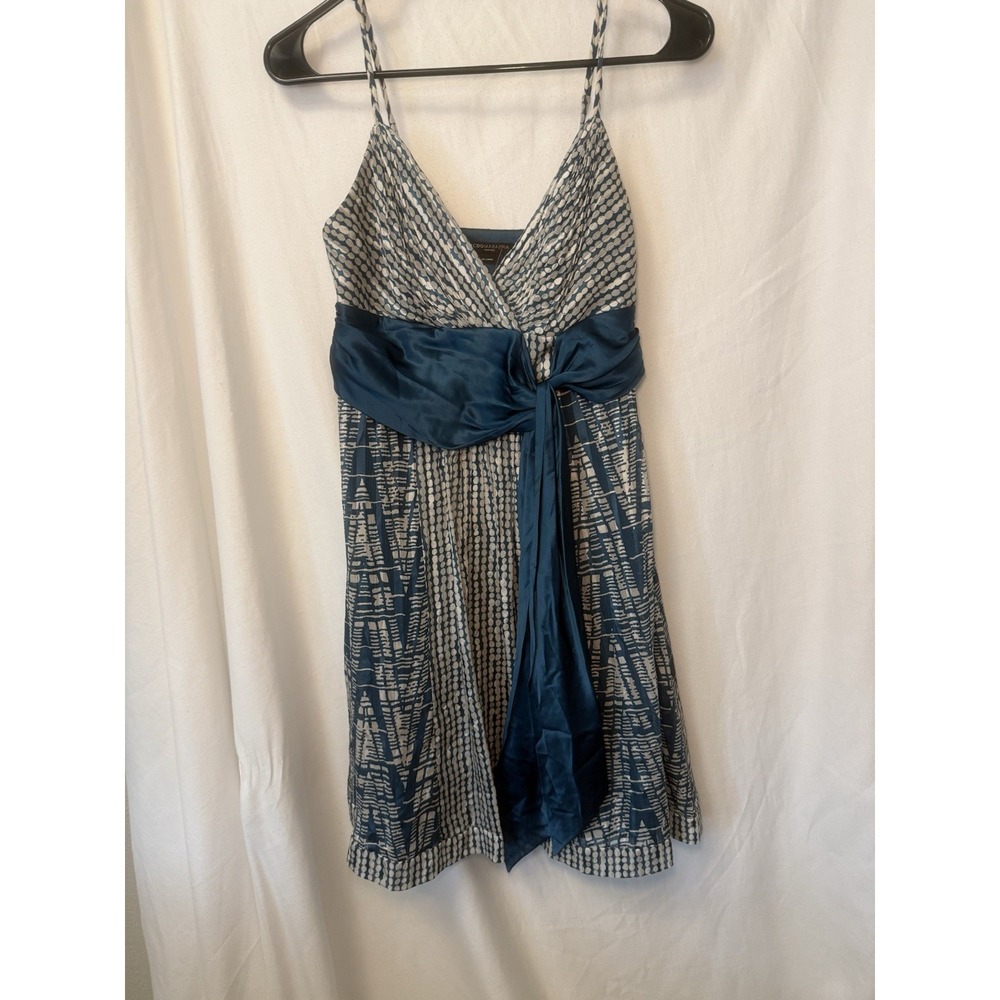 BCBGMAXAZRIA Petites 0P Teal Cream Satin Sash Spaghetti Strap Dress, Date night
